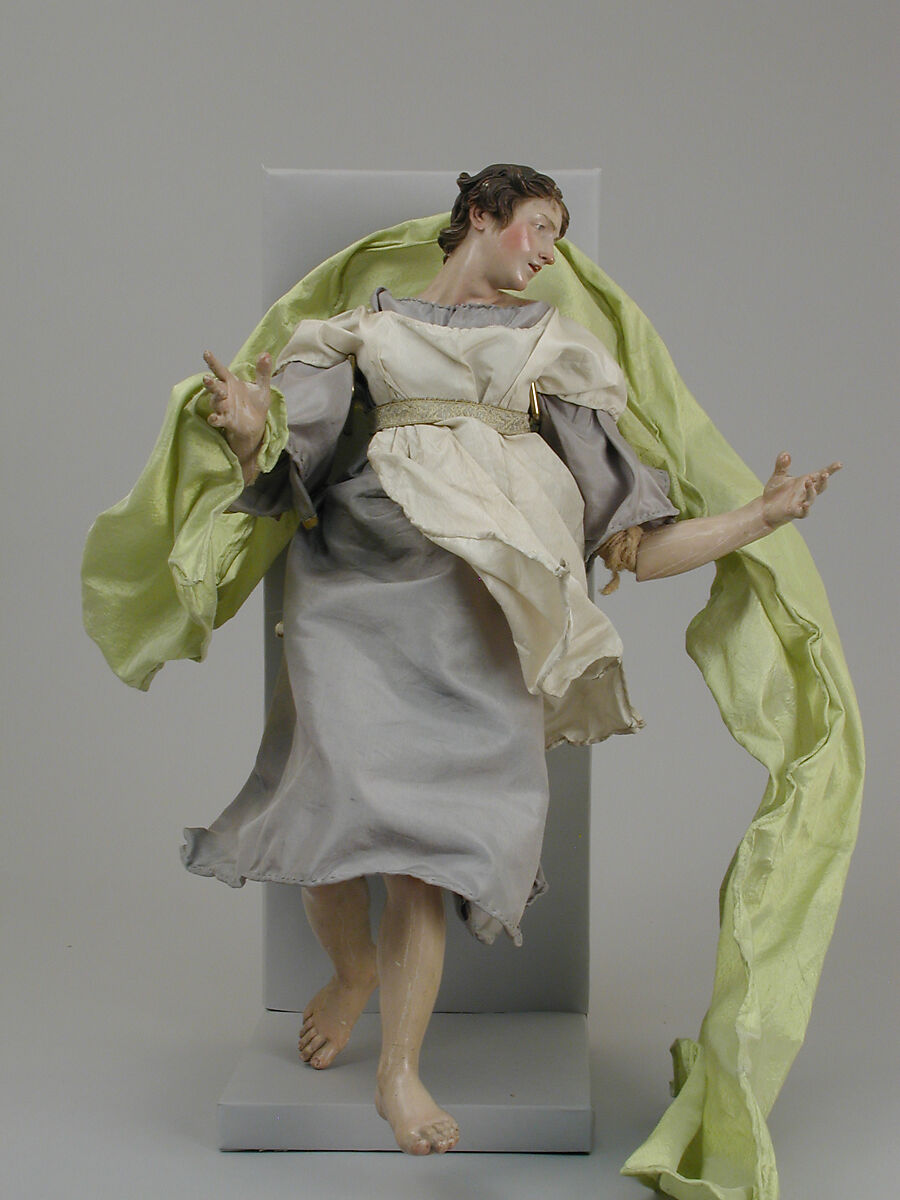 Angel, Polychromed terracotta head; wooden limbs and wings; body of wire wrapped in tow; various fabrics