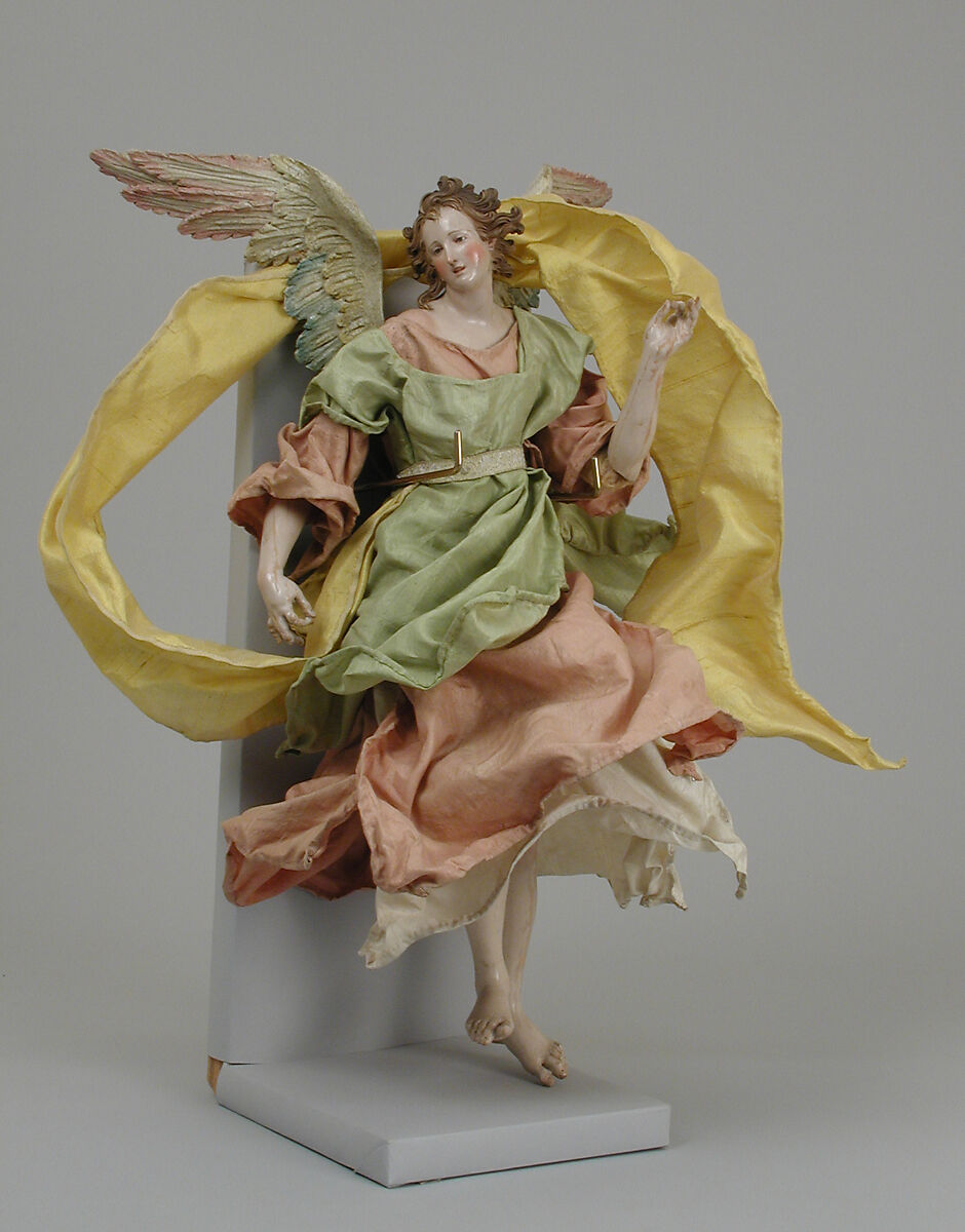 Angel, Giuseppe Gori, Polychromed terracotta head; wooden limbs and wings; body of wire wrapped in tow; various fabrics
