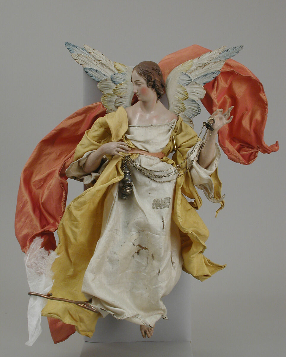 Angel, Salvatore di Franco, Polychromed terracotta head; wooden limbs and wings; body of wire wrapped in tow; various fabrics