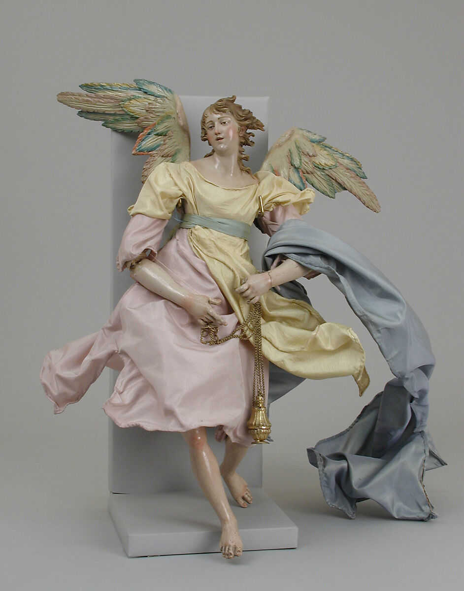 Angel, Nicola Ingaldi, Polychromed terracotta head; wooden limbs and wings; body of wire wrapped in tow; various fabrics