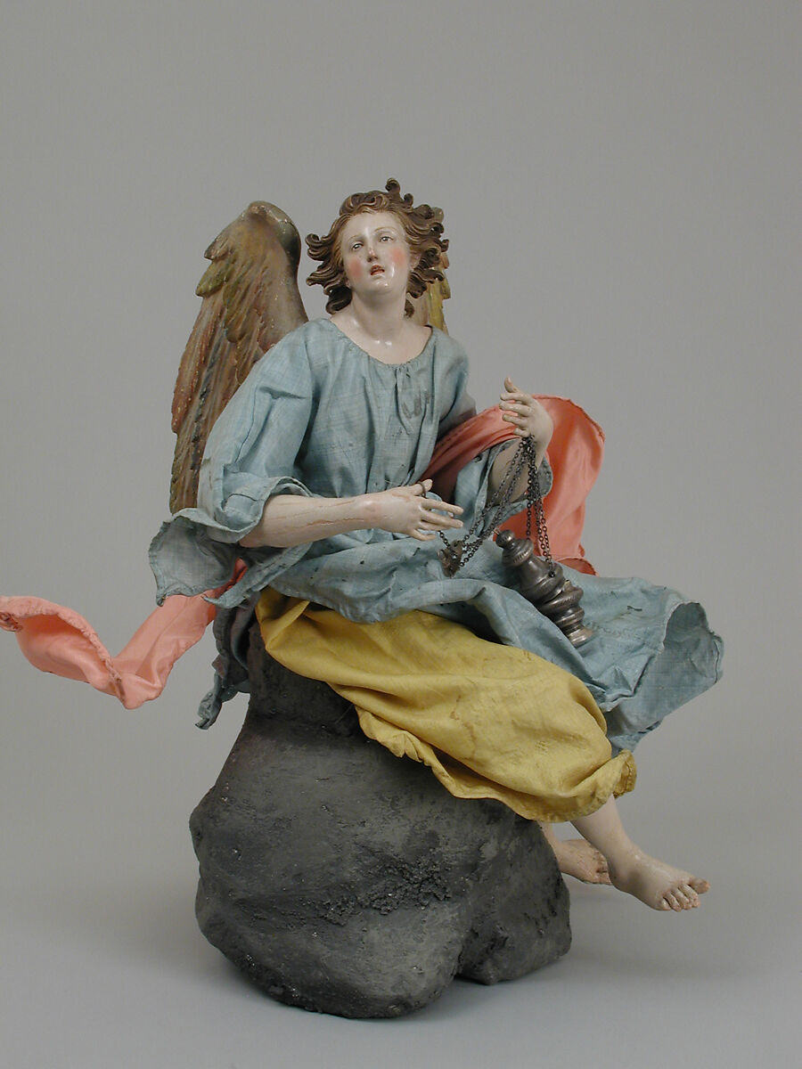 Angel, Giuseppe Gori, Polychromed terracotta head; wooden limbs and wings; body of wire wrapped in tow; various fabrics