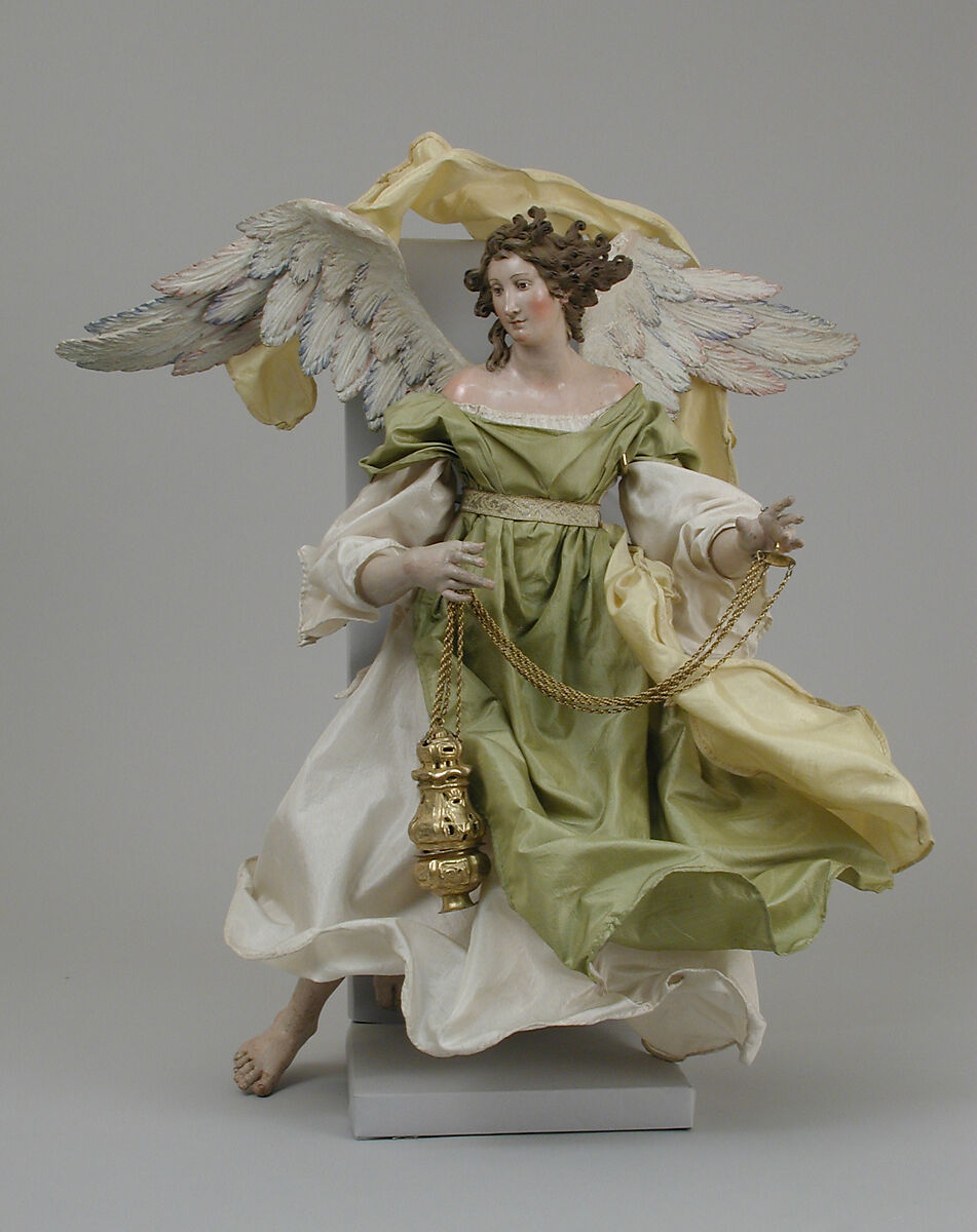 Angel, Salvatore di Franco, Polychromed terracotta head; wooden limbs and wings; body of wire wrapped in tow; silk garments and silver-gilt censer.