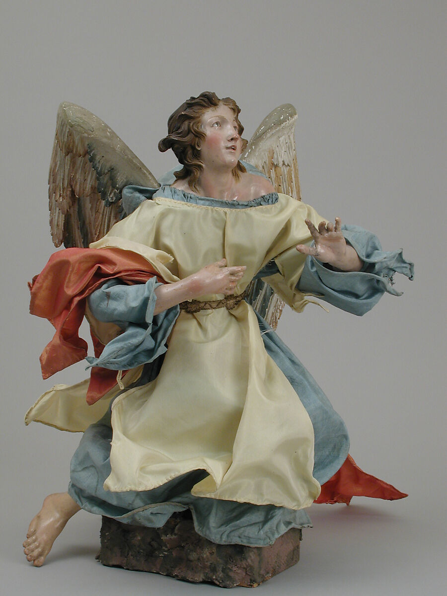 Angel, Lorenzo Mosca, Polychromed terracotta head; wooden limbs and wings; body of wire wrapped in tow; various fabrics.