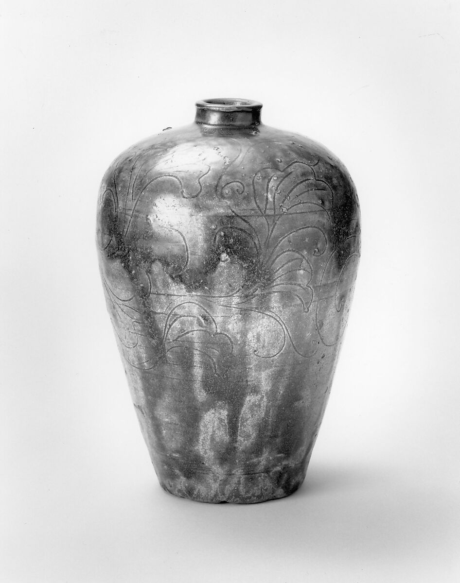 Jar in Meiping Shape with Incised Floral Design, Stoneware with brown iron glaze (Ko-Seto ware), Japan