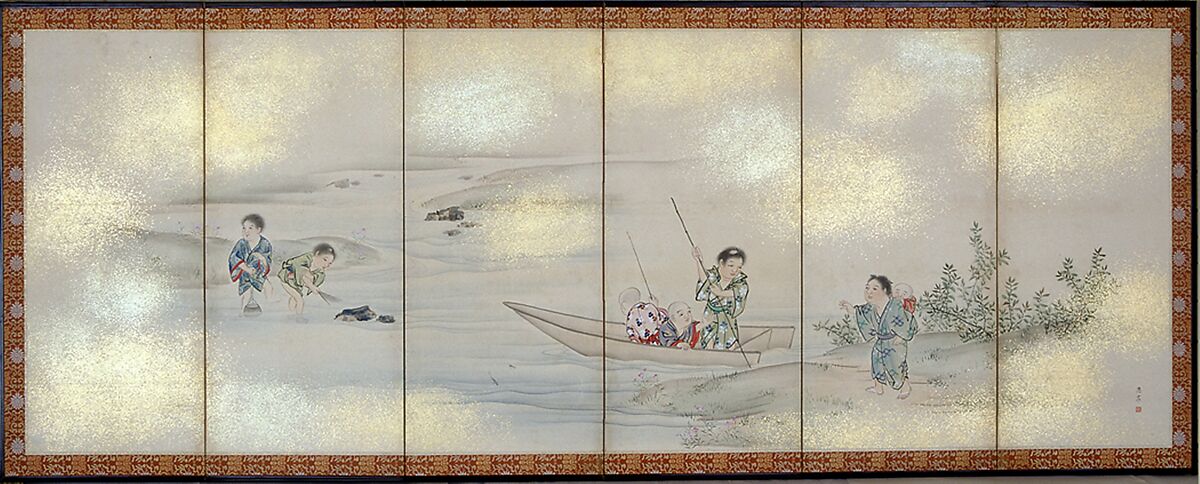 Children Playing in Summer and Winter, Maruyama Ōshin, Pair of six-panel folding screens; ink, color, and gold on paper, Japan