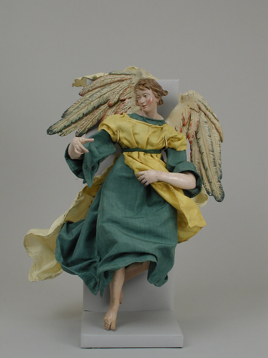 Angel with censer, Polychromed terracotta head; wooden limbs and wings; body of wire wrapped in tow; silk garments; silver censer