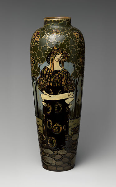 Vase with Pre-Raphaelite woman, Frederick Hurten Rhead, Earthenware, American
