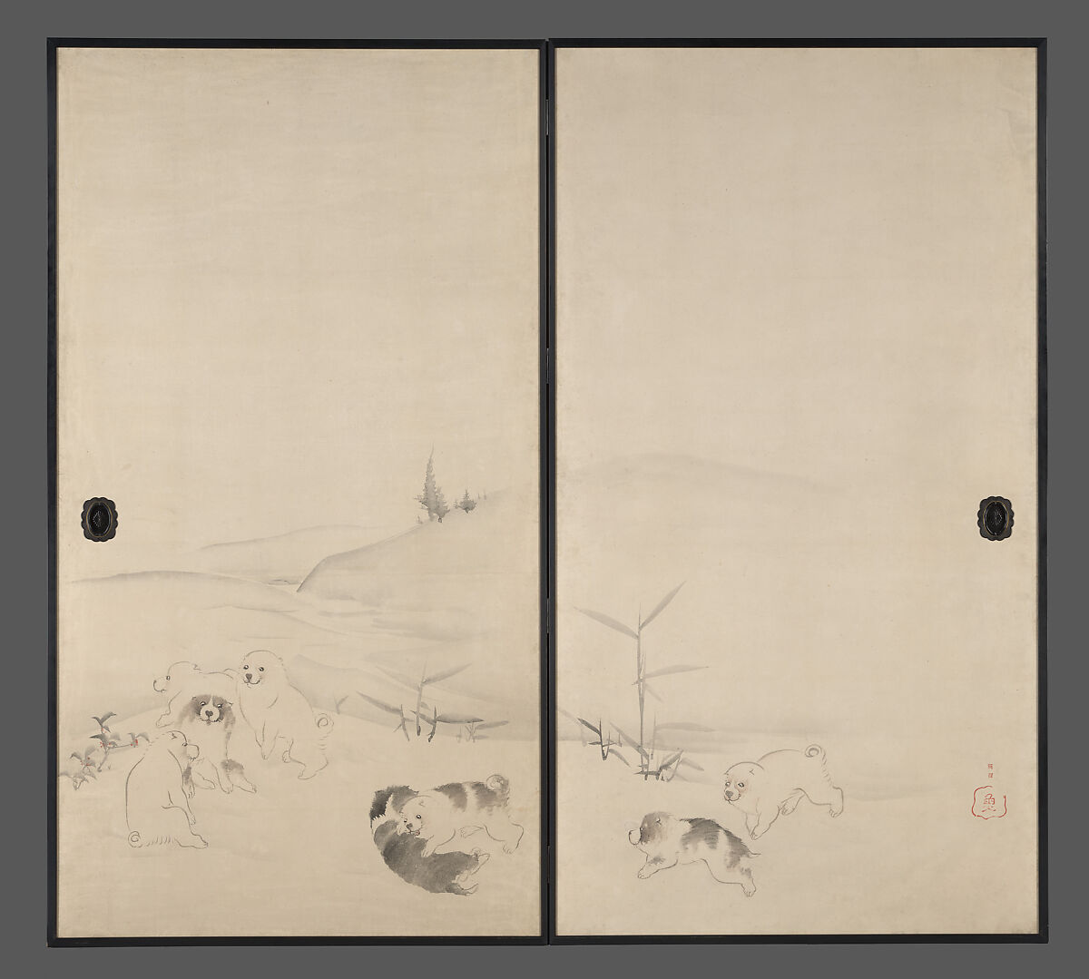 Puppies in the Snow, Nagasawa Rosetsu 長澤蘆雪, Set of four sliding panels mounted as a pair of two-panel screens; ink and color on paper, Japan