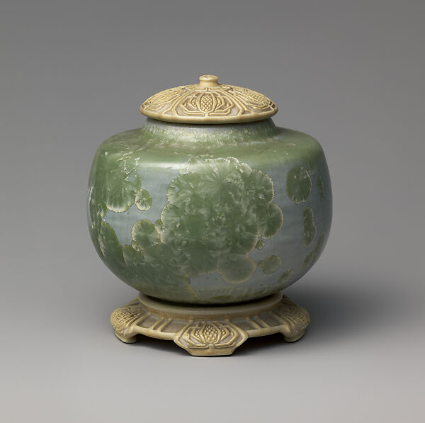 Covered vase on stand with teasel, Adelaide Alsop Robineau, Porcelain, American