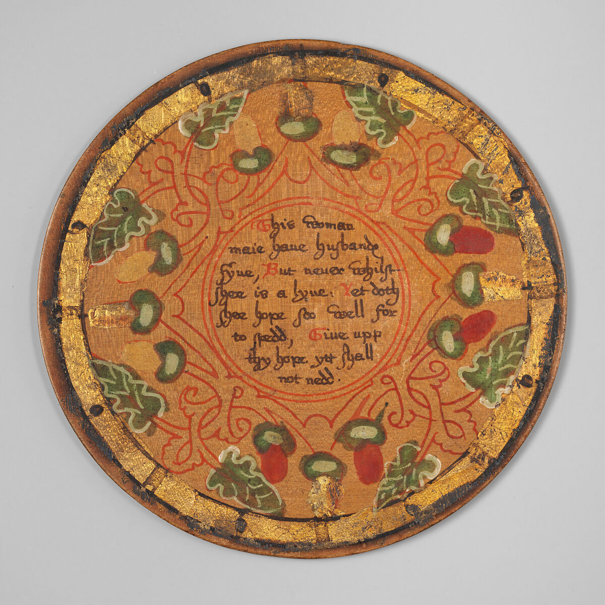 Trencher (one of a set), Oak and sycamore woods, painted, silvered and yellow varnished; inscription: ink (animal or vegetable)