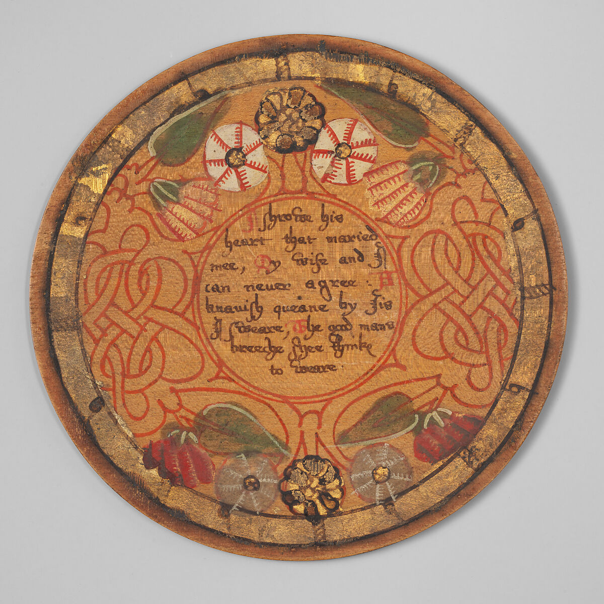 Trencher (one of a set), Oak and sycamore woods, painted, silvered and yellow varnished; inscription: ink (animal or vegetable)