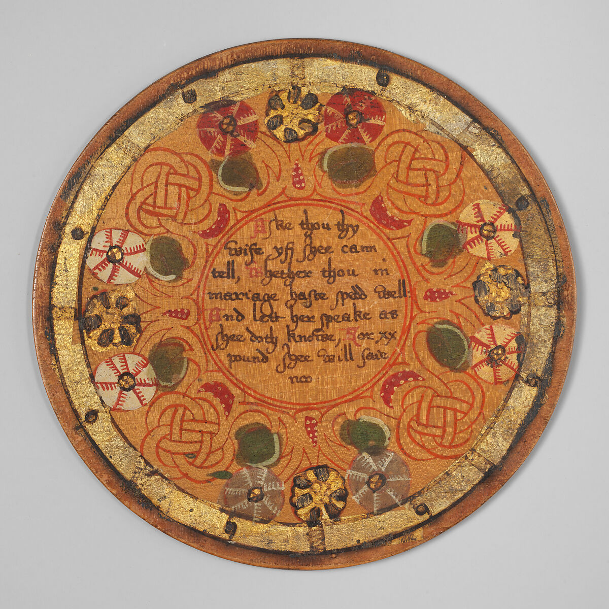 Trencher (one of a set), Oak and sycamore woods, painted, silvered and yellow varnished; inscription: ink (animal or vegetable)