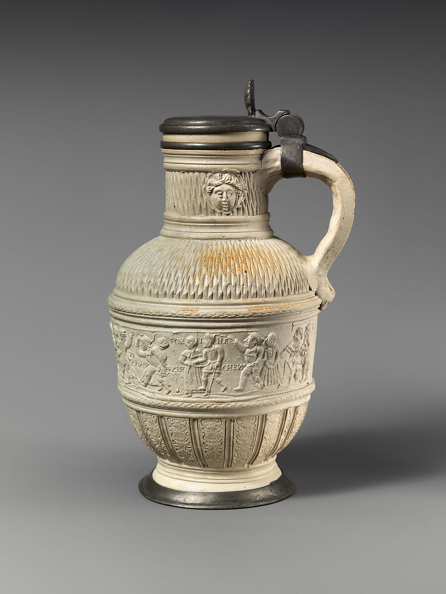 Jug, Sebald Beham, Salt-glazed stoneware; pewter lid