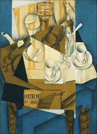 Breakfast, Juan Gris, Cut-and-pasted printed wallpaper, newspaper, transparentized paper, white laid paper, gouache, oil, and wax crayon on canvas