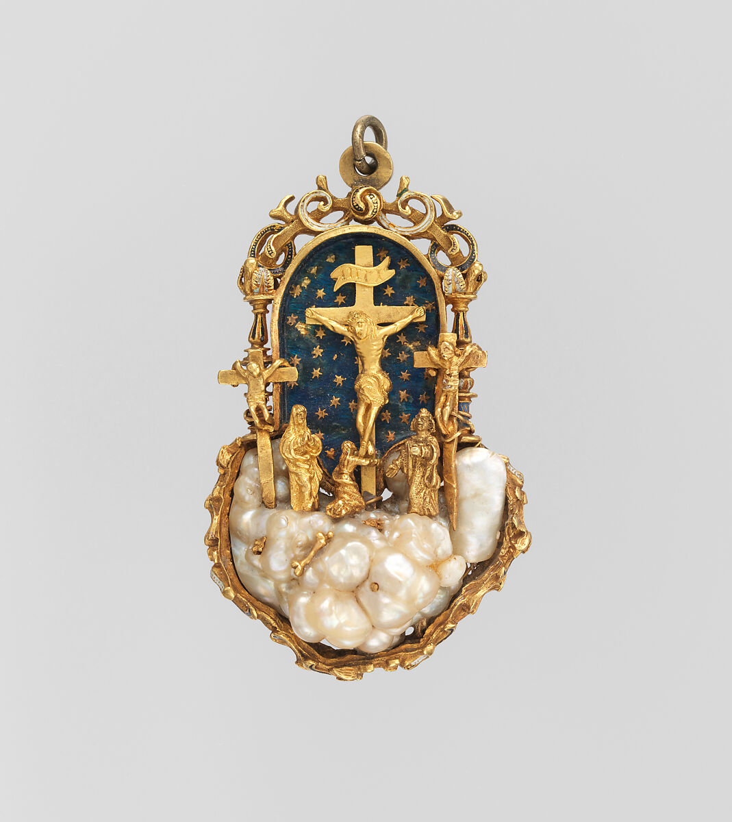 The Crucifixion, Gold, partly enameled, Baroque pearl