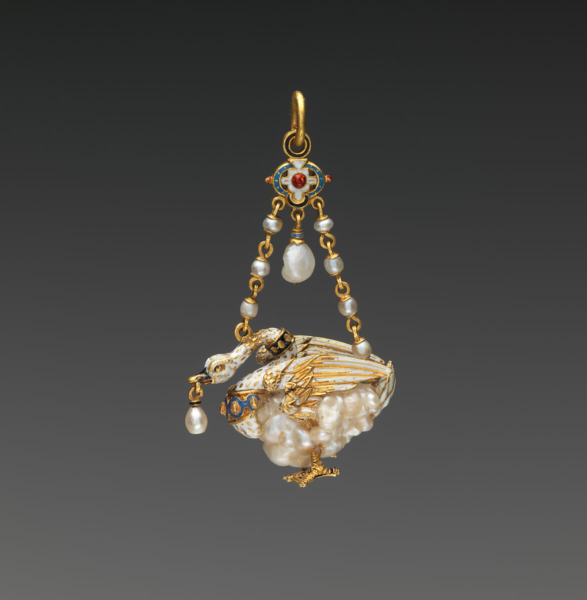 Pendant in the form of a swan, Gold, partly enameled; pearls