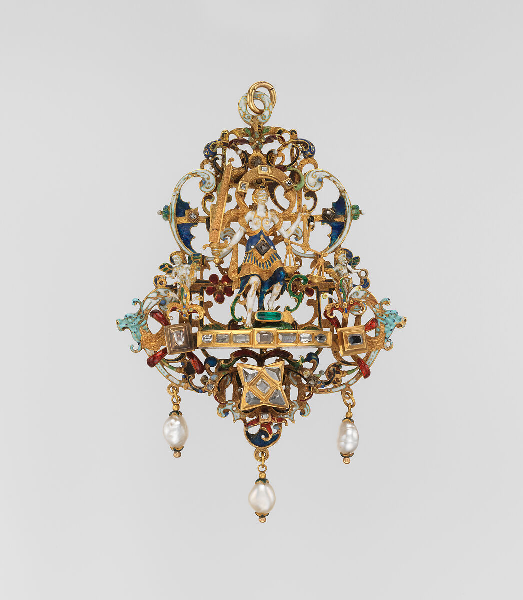 Justice, Gold, partly enameled, set with diamonds and emeralds; pearls