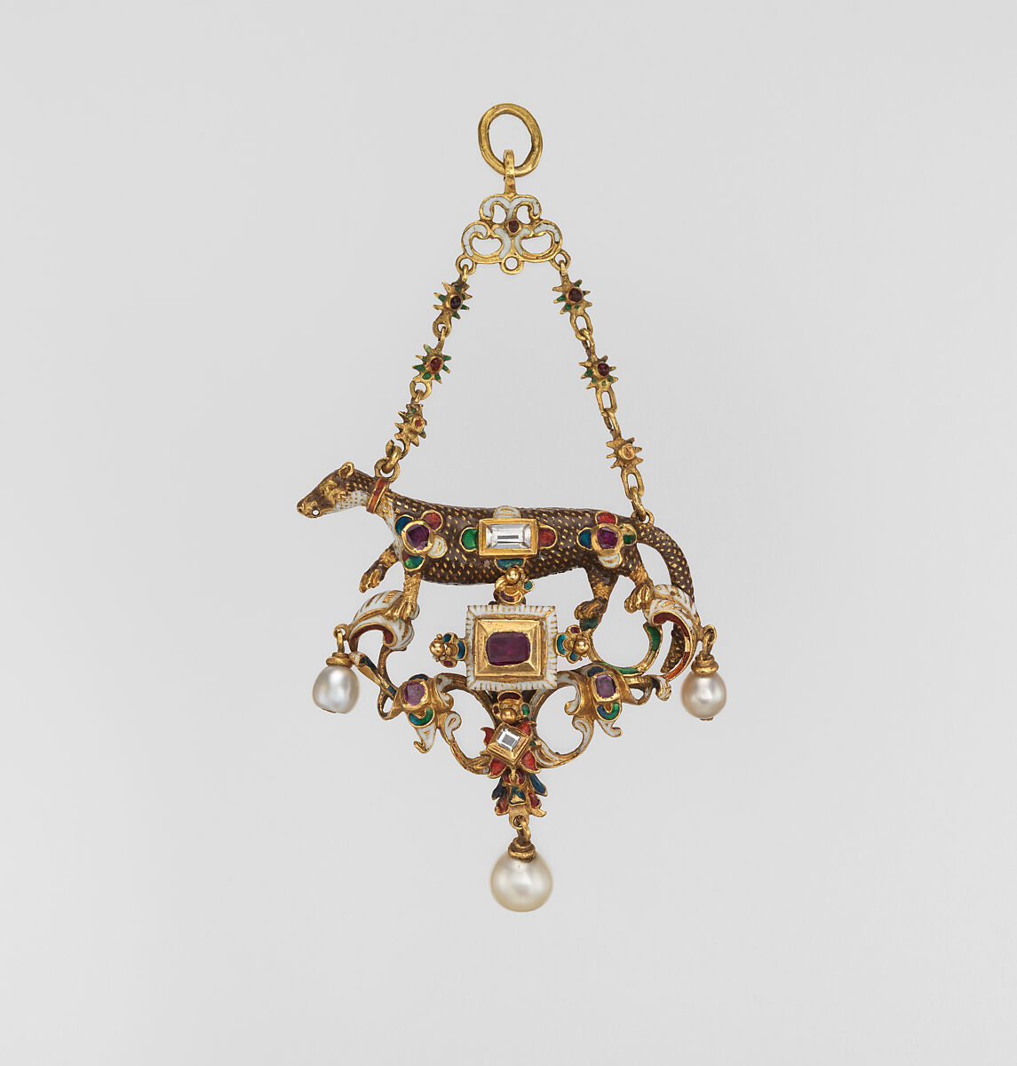 Pendant in the form of a ferret, Gold, partly enameled, set with rubies and diamonds; pearls