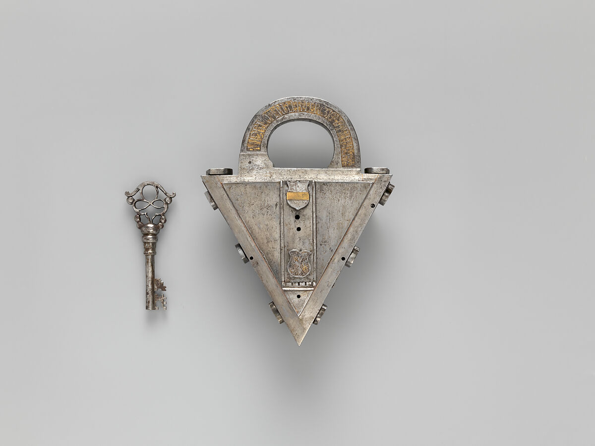 Padlock and key, André Omereler, Steel, partially gilded brass