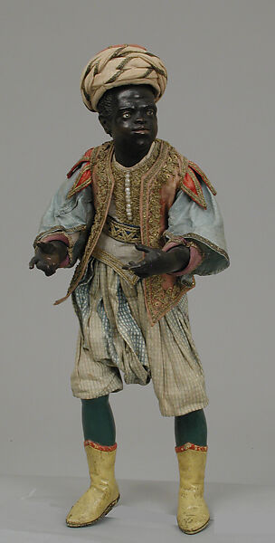 Man, Polychromed terracotta head and wooden limbs; body of wire wrapped in tow; glass eyes; silk and cotton garments; gilt metal and pearls