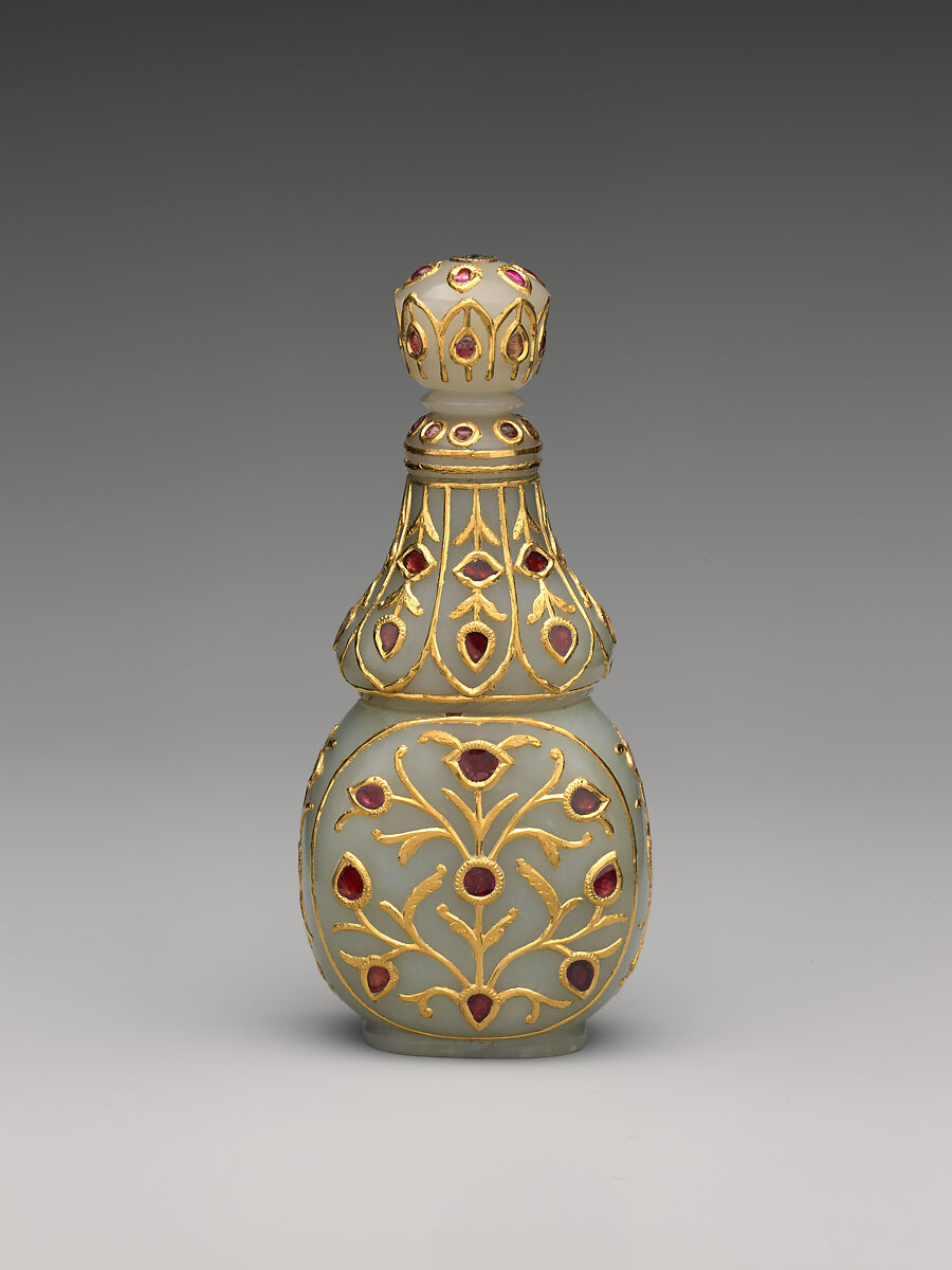 Vase with stopper, Jade (nephrite) with gold, silver, and semiprecious stone inlays, India