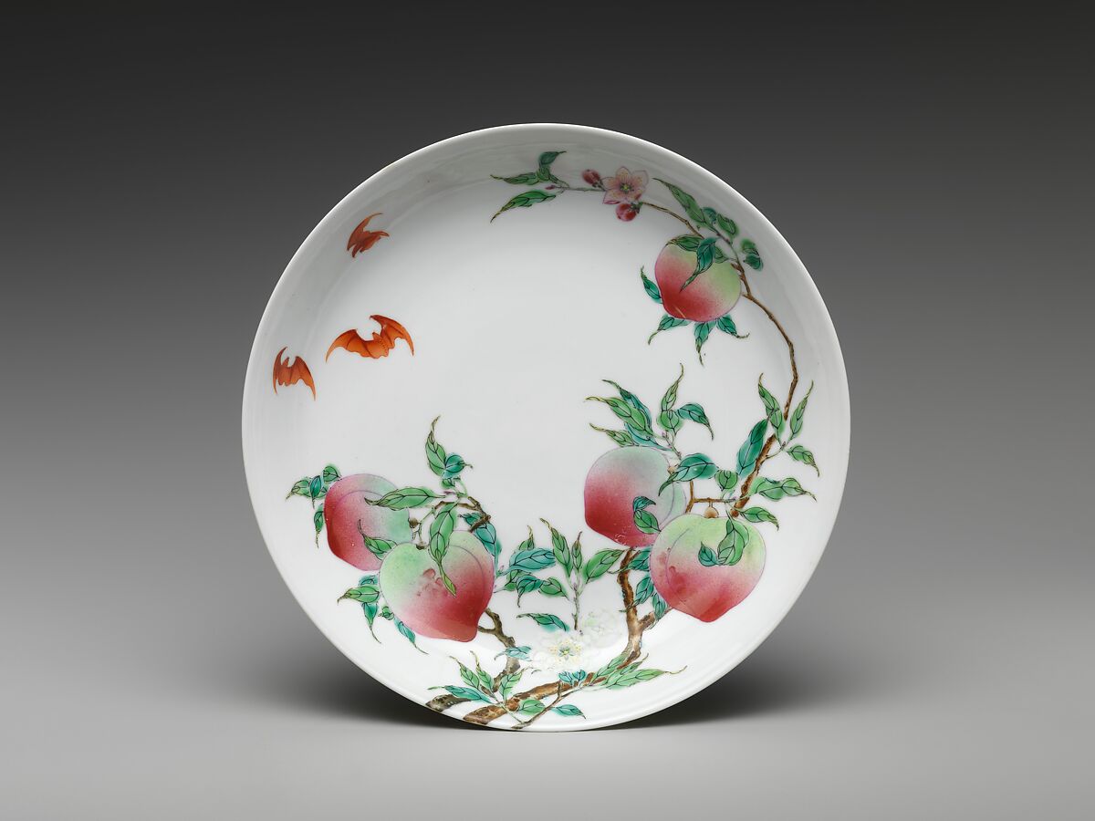 Dish with peaches and bats, Porcelain painted in overglaze polychrome enamels (Jingdezhen ware), China
