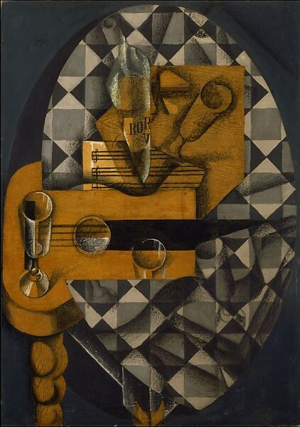 Guitar and Glasses, Juan Gris, Cut-and-pasted printed wallpapers, wove papers, printed packaging, gouache, conté crayon, and wax crayon on paper mounted on canvas
