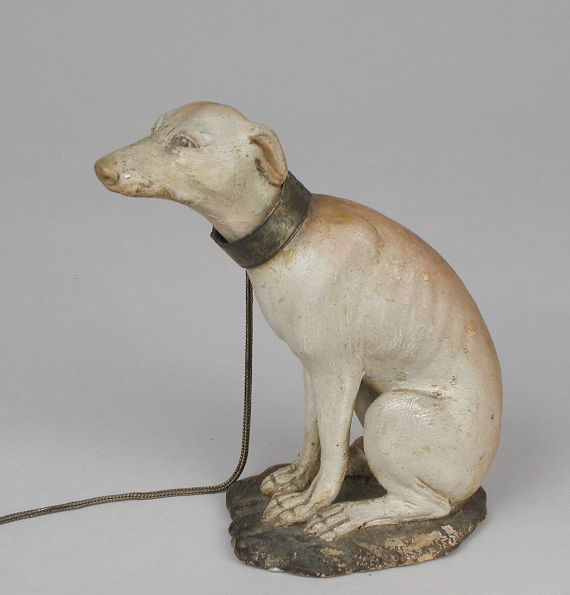 Seated hound, Saverio Vassalo, Polychromed terracotta body; silver collar and chain