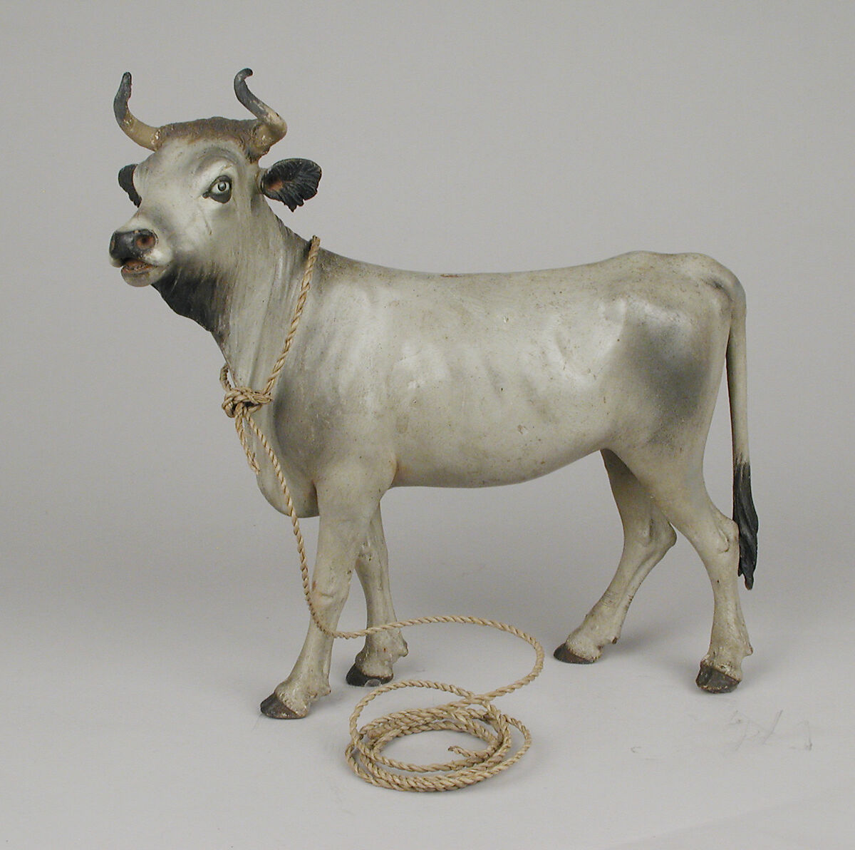 Young bull, Francesco Gallo, Polychromed terracotta body with wooden legs, tail and horns