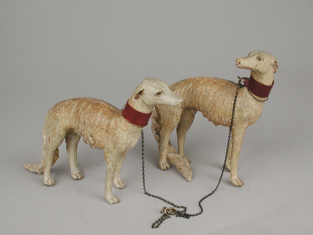 Dog, Polychromed terracotta body; glass eyes; leather collar and metal chain