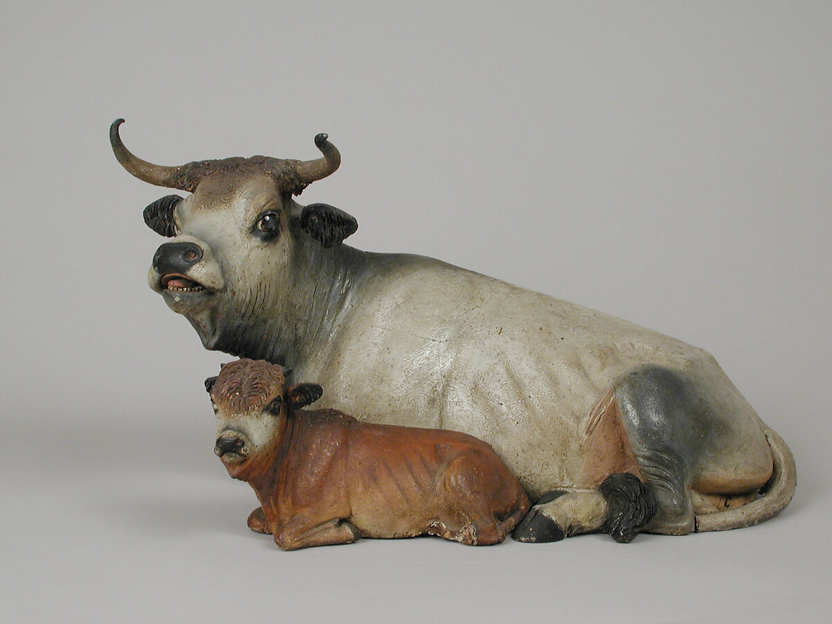 Cow and calf lying down, Polychromed terracotta