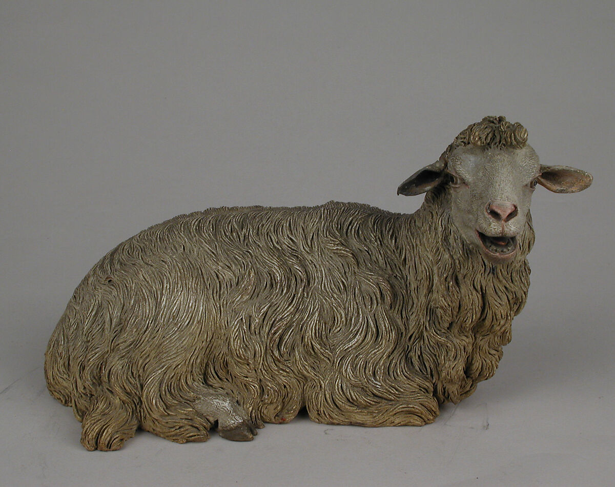 Seated sheep, Francesco Gallo, Polychromed terracotta body and metal ears