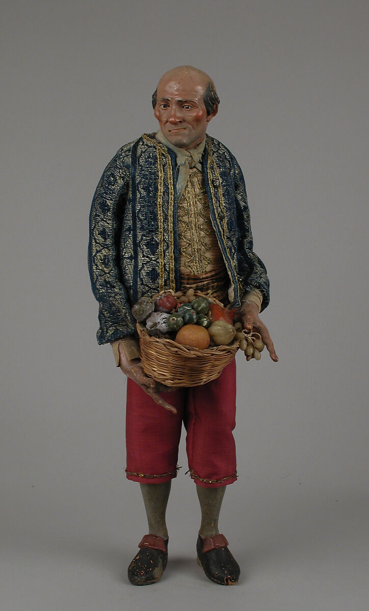 Man, Polychromed terracotta head and wooden limbs; body of wire wrapped in tow; various fabrics; gold metallic thread; silver buttons