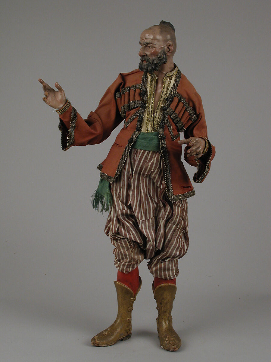 King's attendant, Giuseppe Sanmartino, Polychromed terracotta head and wooden limbs; body of wire wrapped in tow; silk and satin garments with silver and gold metallic thread; brass dagger in velvet sheath