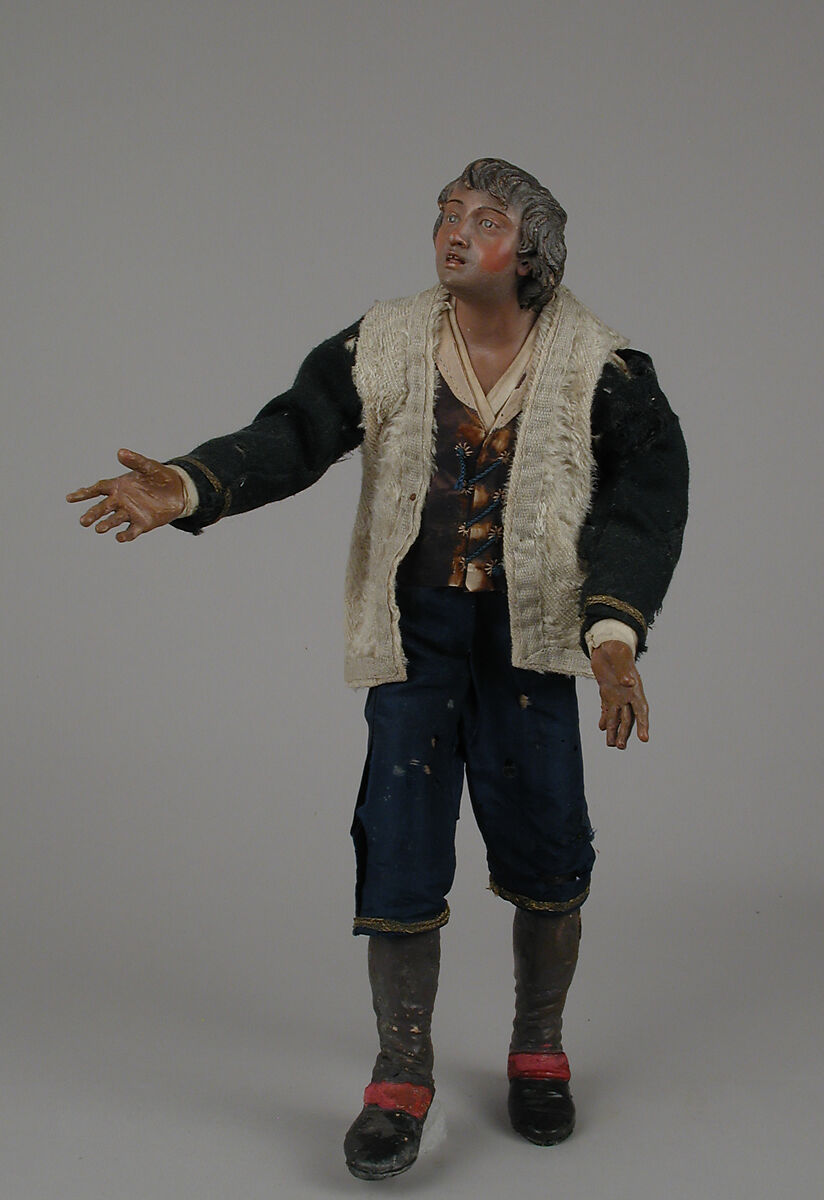 Young man in fur jacket, Polychromed terracotta head; wooden limbs; body of wire wrapped in tow; silk, wool and fur-like garments; leather pouch