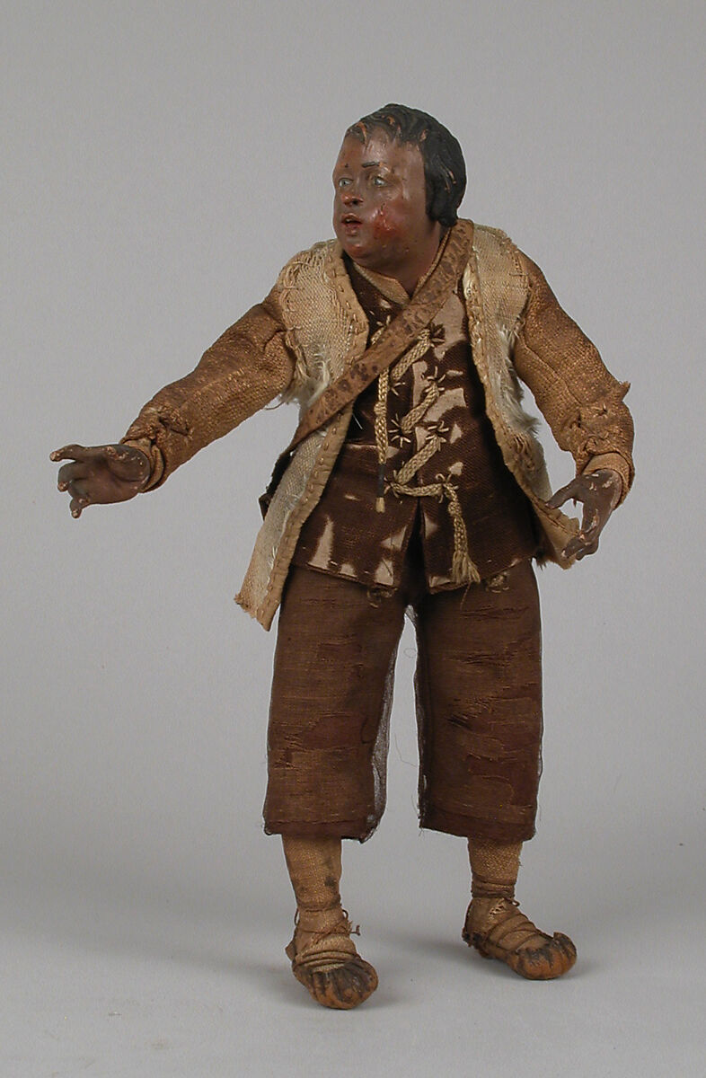 Shepherd, Polychromed terracotta head and limbs; body of wire wrapped in tow; linen and cloth garments; leather bag