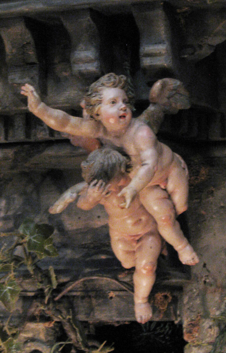 Joined pair of cherubs, Polychromed terracotta