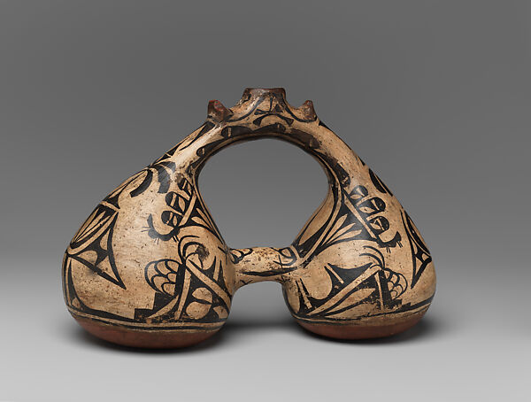 Double-lobed polychrome canteen, Clay and pigment, Tewa (San Ildefonso Pueblo), Native American