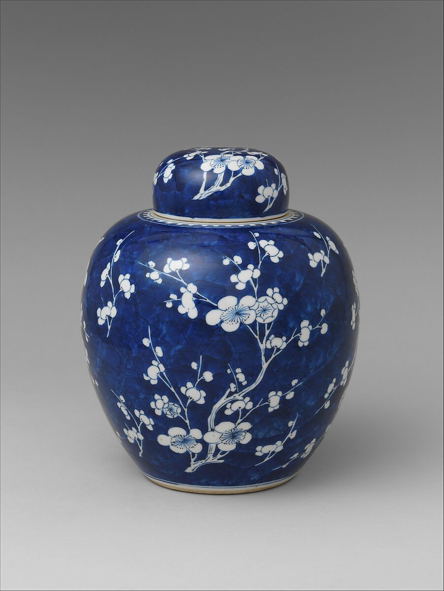 Covered jar decorated with blossoming plum and cracked ice, Porcelain painted with cobalt blue under transparent glaze, China
