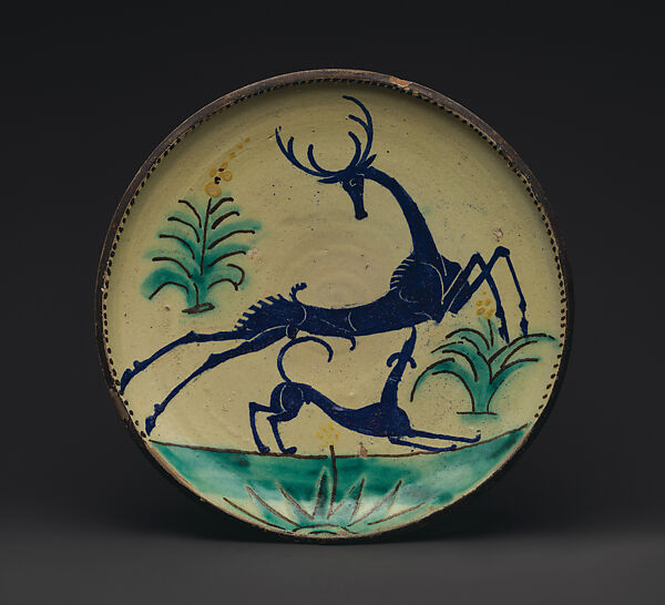 Plaque with stag and dog, Wilhelm Hunt Diederich, Earthenware, American