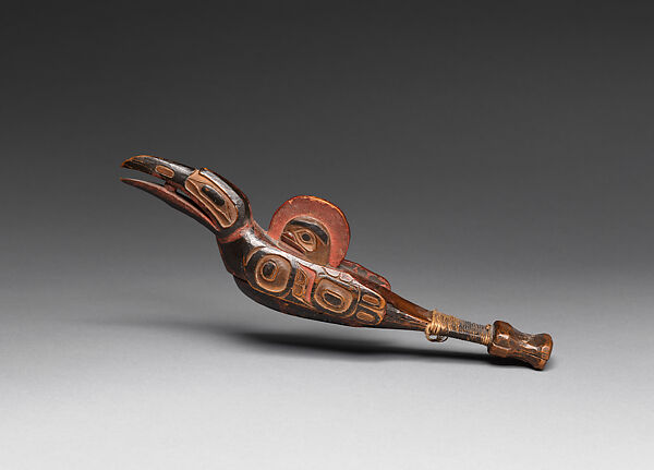 Clapper, Wood, pigment, vegetal fiber, and copper wire, Tsimshian, Native American