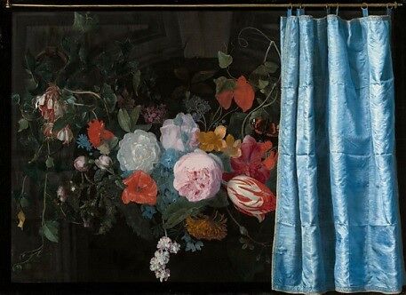 Trompe l’Oeil Still Life with Flower Garland and Curtain, Adriaen van der Spelt, Oil on panel