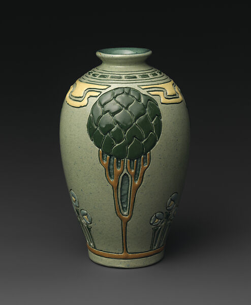 Della Robbia vase with trees, Frederick Hurten Rhead, Earthenware, American