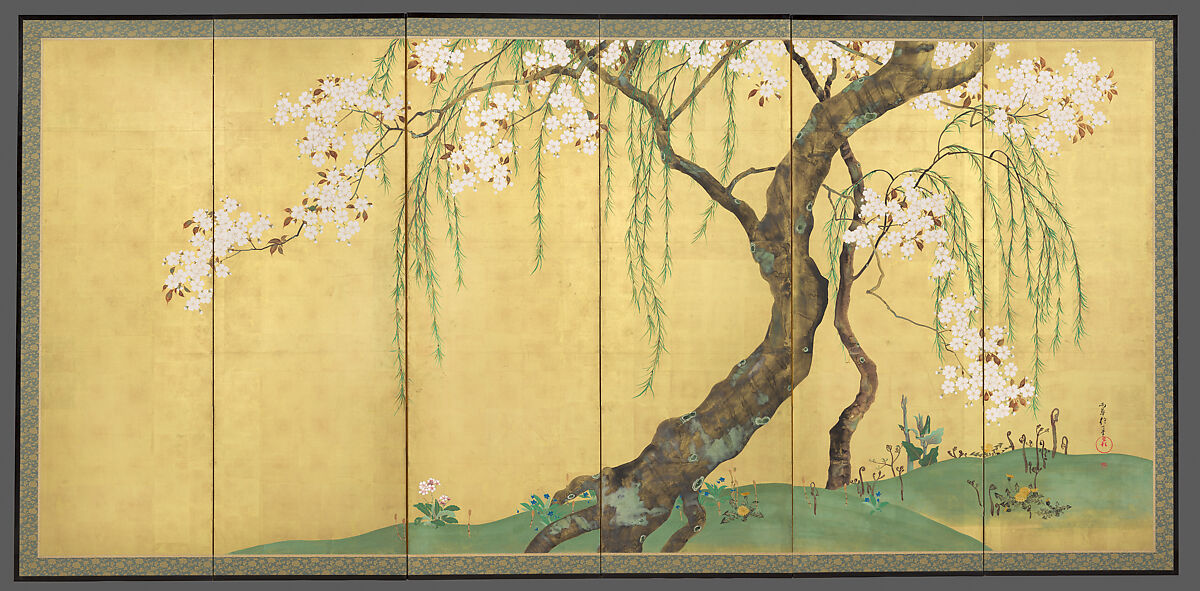 Cherry and Maple Trees, Sakai Hōitsu, Pair of six-panel folding screens; ink, color, and gold leaf on paper, Japan