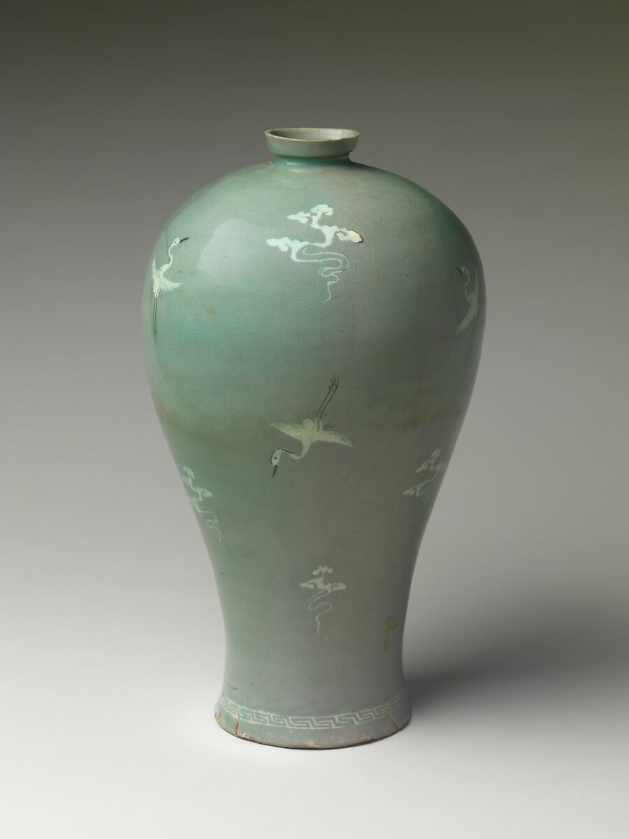 Maebyeong (plum bottle) decorated with cranes and clouds
, Stoneware with inlaid decoration under celadon glaze, Korea
