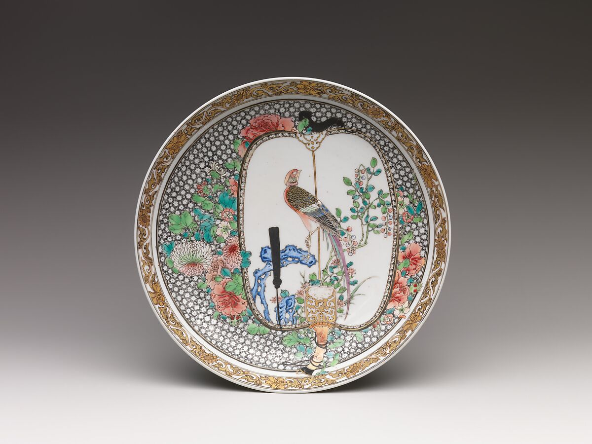 Dish with pheasant and flowers on fan, Porcelain painted in overglaze polychrome enamels, gold, and silver (Jingdezhen ware), China