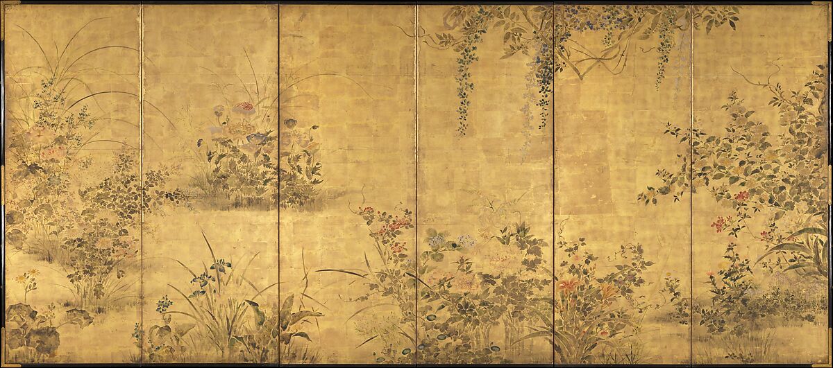 Flowering Plants and Vegetables of the Four Seasons, Pair of six-panel folding screens; ink, light color, and gold leaf on paper, Japan