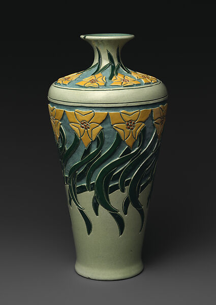 Della Robbia vase with daffodils, Frederick Hurten Rhead, Earthenware, American