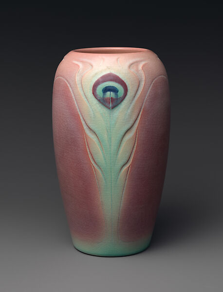 Vase with peacock feathers, Sara Sax, Earthenware, American