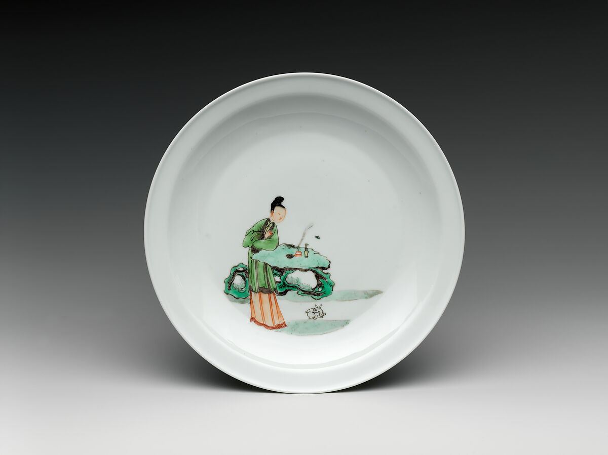 Dish with woman and rabbit in a garden, Porcelain painted in overglaze polychrome enamels (Jingdezhen ware), China